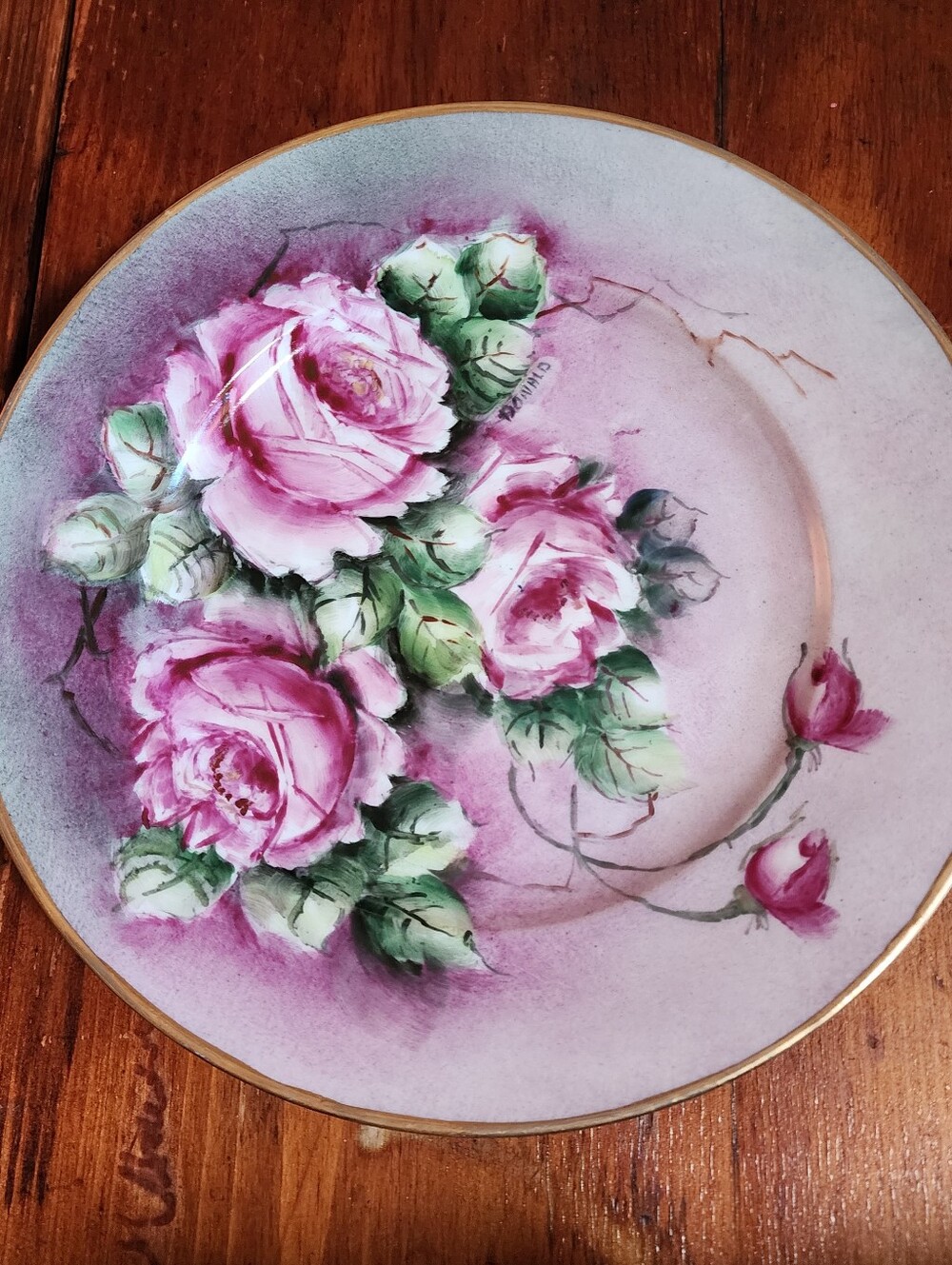 Vtg. O&EG Royal Austria Rose Hand Painted Plate Gold Trim signed Donald 9.5"